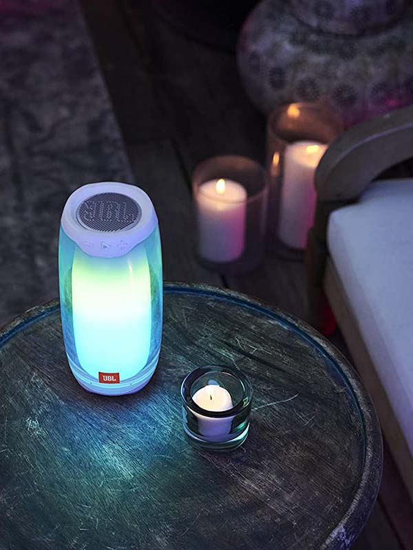 JBL Pulse 4 Portable Wireless Bluetooth Speaker with 360 degrees LED lights, IPX7 waterproof & 12 hours of playtime, White