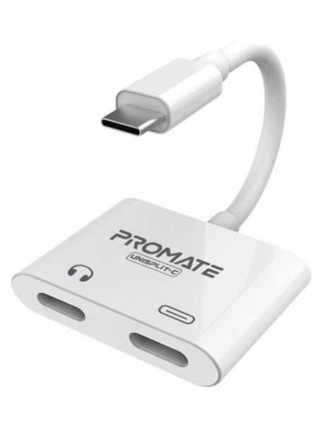 Promate UniSplit-C 2-in-1 Audio & Charge USB-C Adapter, 15W Power Delivery, dual ports for Listing to audio, White - PR.UNISPLIT-C