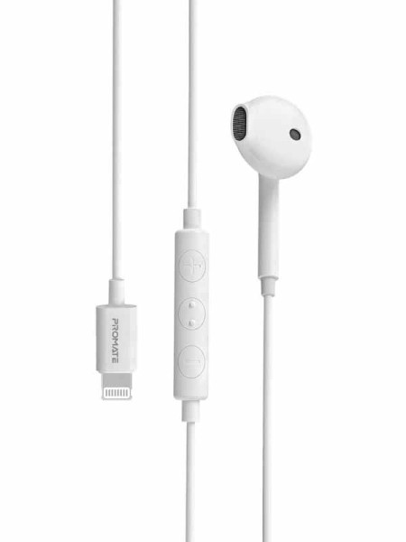 Promate GearPod-LT In-Ear Apple Mfi Mono Earphone with Lightning Connector, White - PR-GEARPOD-LT-WT