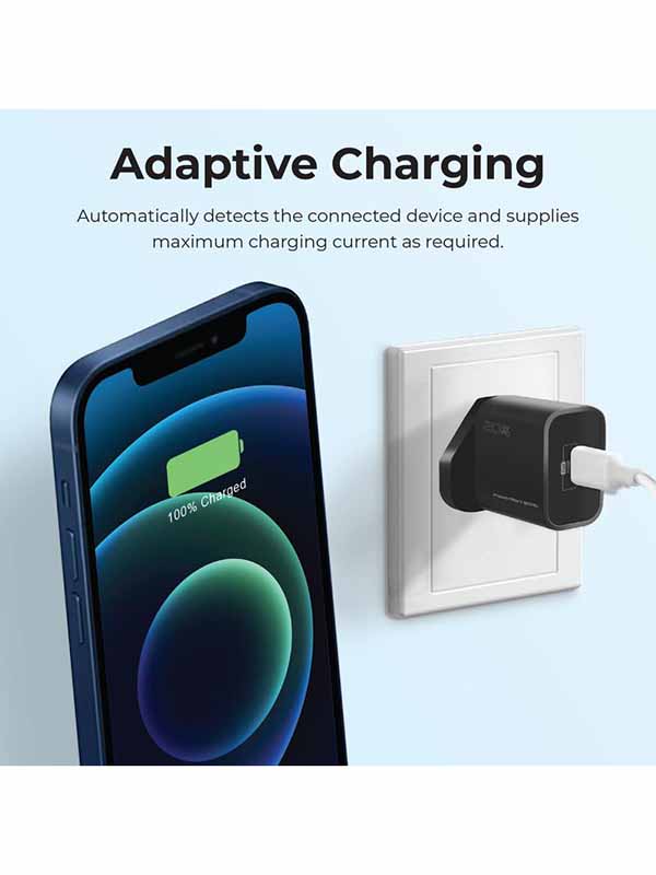 Promate 20W USB-C Ultra-Compact Fast Charge Type-C Wall Adapter with USB-C Power Delivery for iPhone 12/12 Mini/12 Pro/12 Pro Max, iPad Pro, White - PR.POWERPORT-20PD-BK