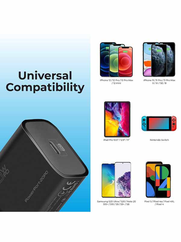 Promate 20W USB-C Ultra-Compact Fast Charge Type-C Wall Adapter with USB-C Power Delivery for iPhone 12/12 Mini/12 Pro/12 Pro Max, iPad Pro, White - PR.POWERPORT-20PD-BK