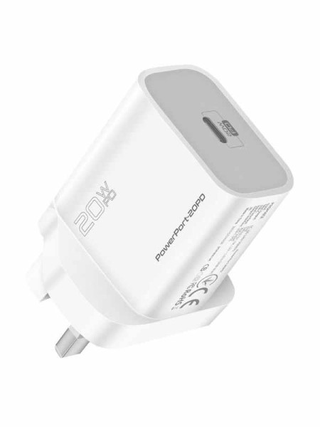 Promate 20W USB-C Ultra-Compact Fast Charge Type-C Wall Adapter with USB-C Power Delivery for iPhone 12/12 Mini/12 Pro/12 Pro Max, iPad Pro, White - PR.POWERPORT-20PD-WT