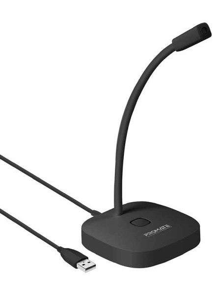 Promate ProMic-1 USB Desktop Microphone, High Definition Omni-Directional USB Microphone with Flexible Gooseneck, Mute Touch Button, LED Indicator and Built-In Anti-Tangle Cord for PC, Gaming, Black - PR.PROMIC-1.BK
