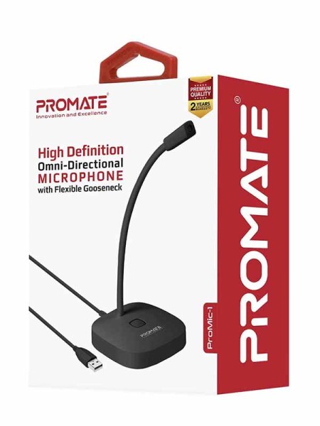 Promate ProMic-1 USB Desktop Microphone, High Definition Omni-Directional USB Microphone with Flexible Gooseneck, Mute Touch Button, LED Indicator and Built-In Anti-Tangle Cord for PC, Gaming, Black - PR.PROMIC-1.BK