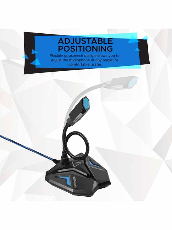 Promate Streamer USB Gaming Microphone, High Definition Omnidirectional Gooseneck Condenser Mic with Audio Jack Out, Mute Button and Built-In Tangle-Free Cord for PC,Laptop, Recording, Gaming, Blue - PR.STREAMER.BL