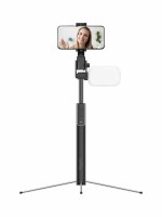 Promate MediaPod Selfie Stick with Tripod, Bluetooth Remote Controlled Rotating Head with LED Light, Black - PR.MEDIAPOD.NC
