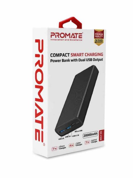 Promate Bolt 20,000 mAh Compact Smart Charging Power Bank with Dual USB Output, Black - PR.BOLT-20.BK