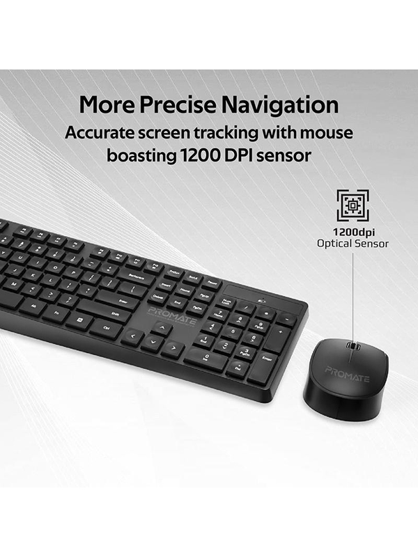 Promate ProCombo-5 Slim Profile Full-Size Wireless Keyboard & Mouse Combo, Black - PR.PROCOMBO-5.BK