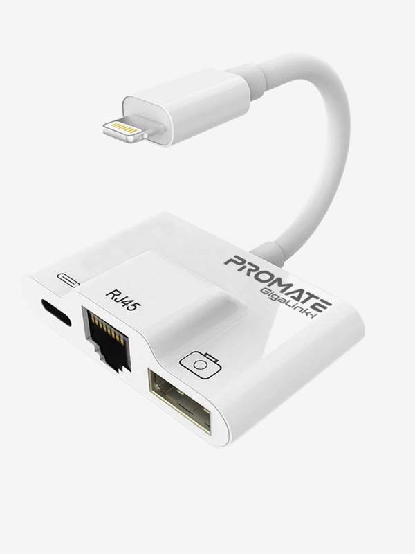 Promate GigaLink-I  3 in 1 Lightning Hub, RJ45 Ethernet LAN Wired Network Adapter, USB OTG Camera Adapter Kit, 2A Pass-Through Charging, Syncing Adapter for Apple iPhone XS Plus/iPad/iPad Pro, White - PR.GIGALINK-I.NC