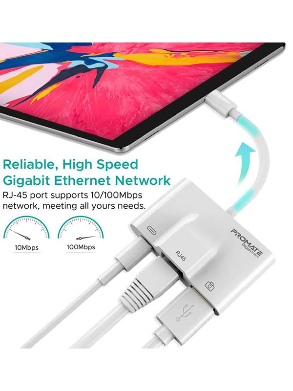 Promate GigaLink-I  3 in 1 Lightning Hub, RJ45 Ethernet LAN Wired Network Adapter, USB OTG Camera Adapter Kit, 2A Pass-Through Charging, Syncing Adapter for Apple iPhone XS Plus/iPad/iPad Pro, White - PR.GIGALINK-I.NC