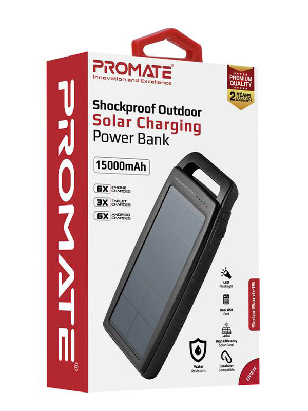 Promate 15000mAh SolarBank-15 Portable Solar Fast Charging Power Bank with Shockproof, Water-Resistant and Bright LED Light, Black - PR.SOLARBANK-15-BK
