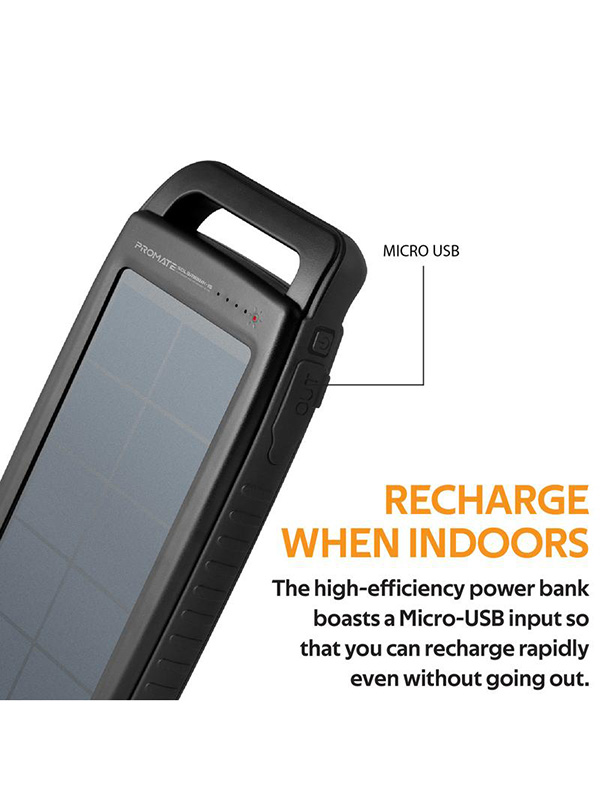 Promate 15000mAh SolarBank-15 Portable Solar Fast Charging Power Bank with Shockproof, Water-Resistant and Bright LED Light, Black - PR.SOLARBANK-15-BK