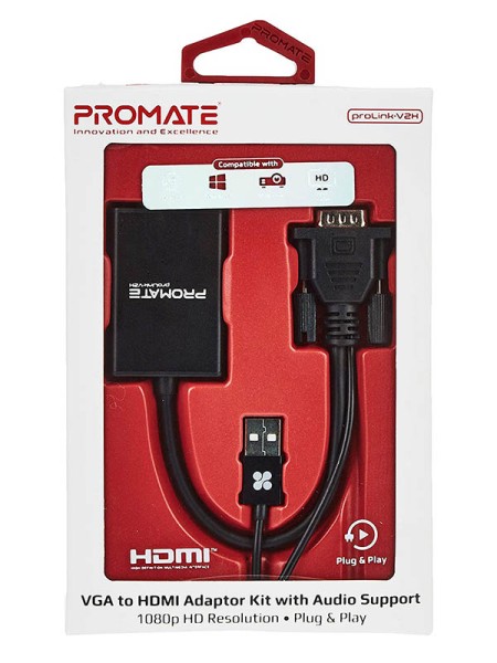 Promate VGA to HDMI Converter Adaptor 1080p HD Resolution with Audio Support, Black - PR.PROLINK-V2H.BK