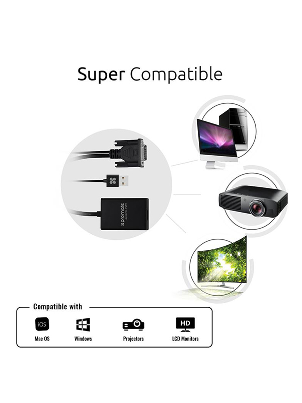 Promate VGA to HDMI Converter Adaptor 1080p HD Resolution with Audio Support, Black - PR.PROLINK-V2H.BK