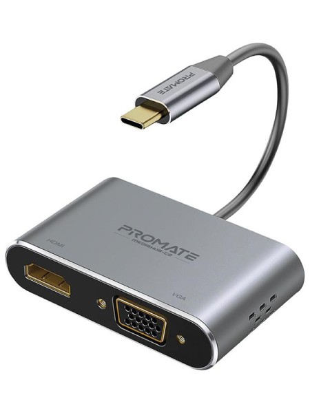 Promate MediaHub-C2 USB-C to VGA and HDMI Adapter, High Definition Aluminium USB-C to VGA HDMI Converter 4K Ultra HD Adapter with 1080 VGA and Dual Screen Display Support for MacBook Pro/Air, iPad, Gray - PR.MEDIAHUB-C2.NC 