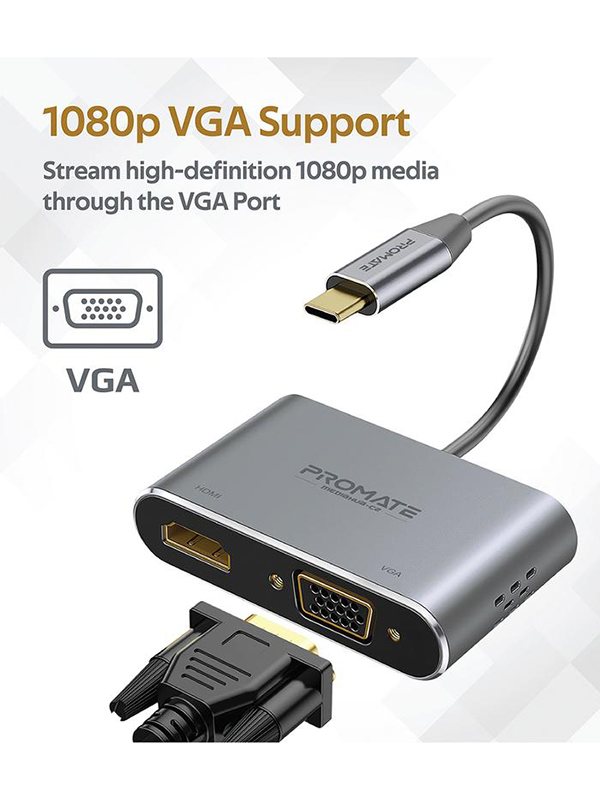 Promate MediaHub-C2 USB-C to VGA and HDMI Adapter, High Definition Aluminium USB-C to VGA HDMI Converter 4K Ultra HD Adapter with 1080 VGA and Dual Screen Display Support for MacBook Pro/Air, iPad, Gray - PR.MEDIAHUB-C2.NC 