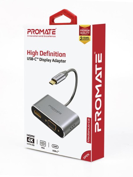 Promate MediaHub-C2 USB-C to VGA and HDMI Adapter,