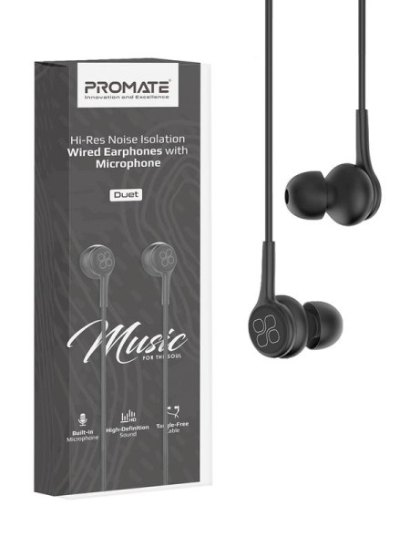 Promate Duet 3.5mm Jack In-Ear Hi-Res Noise Isolating Earphones with Built-in Mic, Black - PR.DUET.BK