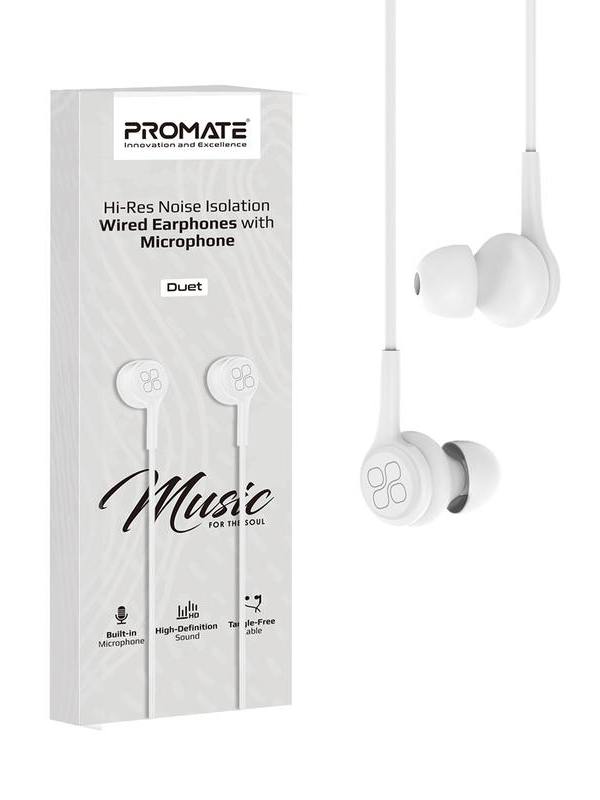 Promate Duet 3.5mm Jack In-Ear Hi-Res Noise Isolating Earphones with Built-in Mic, Black - PR.DUET.WH