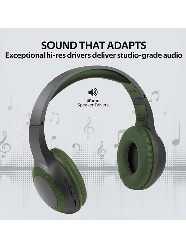 Promate LaBoca Powerful Deep Bass Wireless Headphone, Bluetooth v5.0 with MicroSD Playback,  3.5mm Wired Mode, Hi-Fi Stereo Sound, 5H Playtime, Green - PR.LABOCA.GR