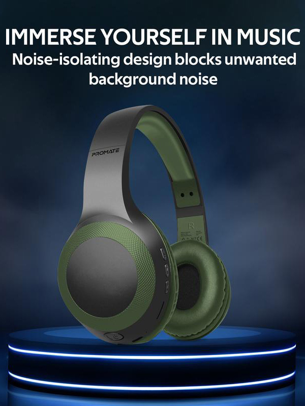 Promate LaBoca Powerful Deep Bass Wireless Headphone, Bluetooth v5.0 with MicroSD Playback,  3.5mm Wired Mode, Hi-Fi Stereo Sound, 5H Playtime, Green - PR.LABOCA.GR