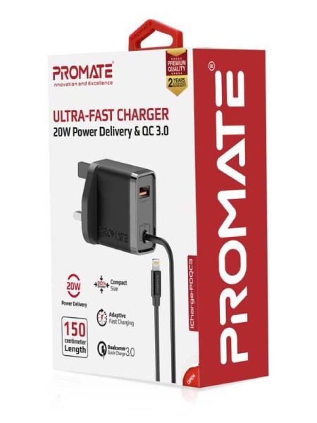 Promate iCharge-PDQC3 Quick Charge 3.0 Port 20W Ultra-Fast  Wall Chargerwith 1.5M Lighting Cable, Black - PR.ICHARGE-PDQC3.BK