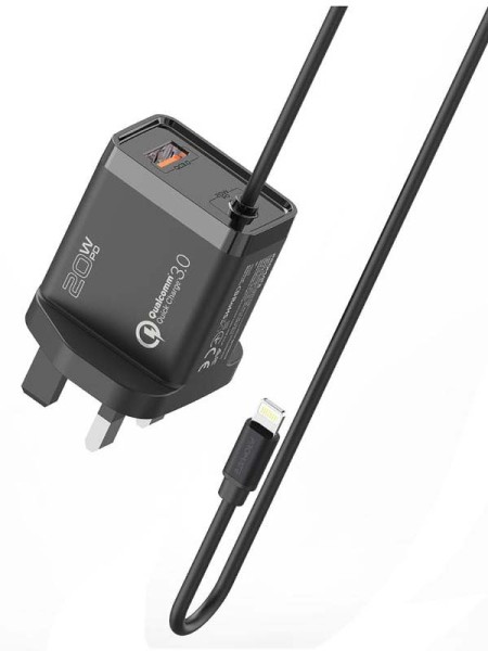 Promate iCharge-PDQC3 Quick Charge 3.0 Port 20W Ultra-Fast  Wall Chargerwith 1.5M Lighting Cable, Black - PR.ICHARGE-PDQC3.BK