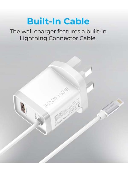 Promate iCharge-PDQC3 Quick Charge 3.0 Port 20W Ultra-Fast Wall Charger with 1.5M Lighting Cable, White - PR.ICHARGE-PDQC3.WT