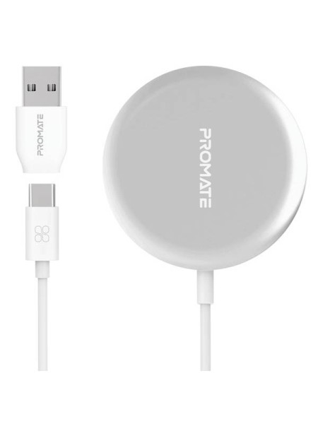 Promate AuraMag-15W Fast Charging Qi Magnetic Charging Pad with Dual USB-C/USB-A Connector for iPhone 12/12 Mini/12 Pro Max/12 Pro and Qi Wireless Charging, (PR.AURAMAG-15W.S), Silver 
