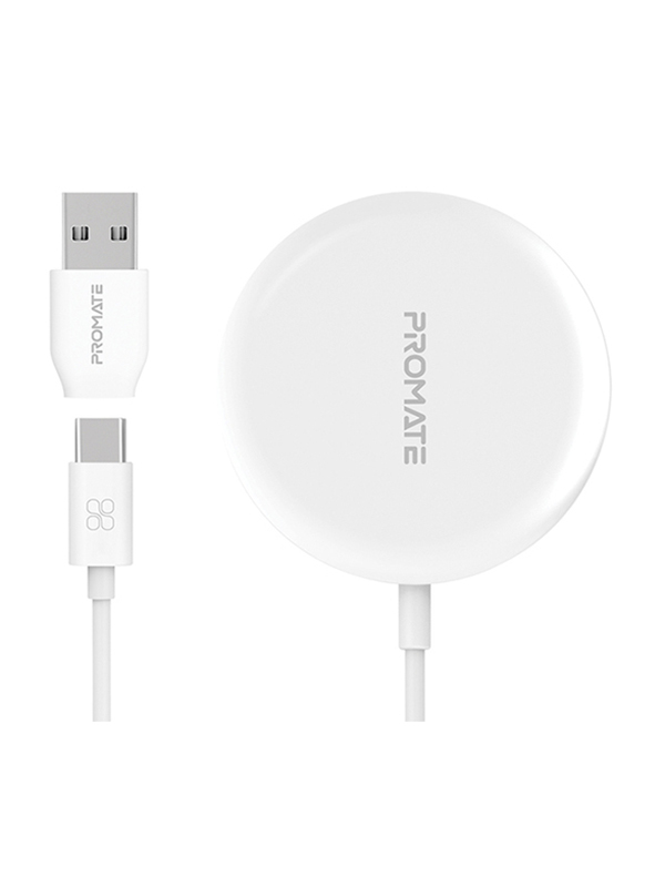 Promate AuraMag-15W Fast Charging Qi Magnetic Charging Pad with Dual USB-C/USB-A Connector for iPhone 12/12 Mini/12 Pro Max/12 Pro and Qi Wireless Charging, (PR.AURAMAG-15W.S), White 