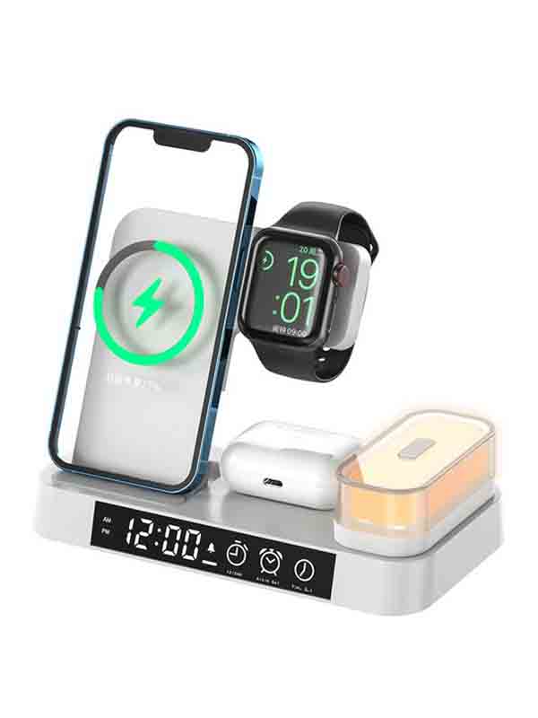 A37 Multi Functional 3 IN 1 Foldable Wireless Charging Dock Station with Night Light Clock, White