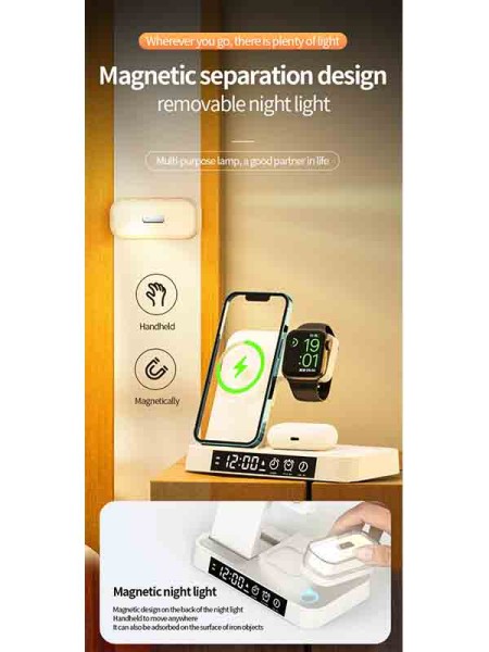 A37 Multi Functional 3 IN 1 Foldable Wireless Charging Dock Station with Night Light Clock, White