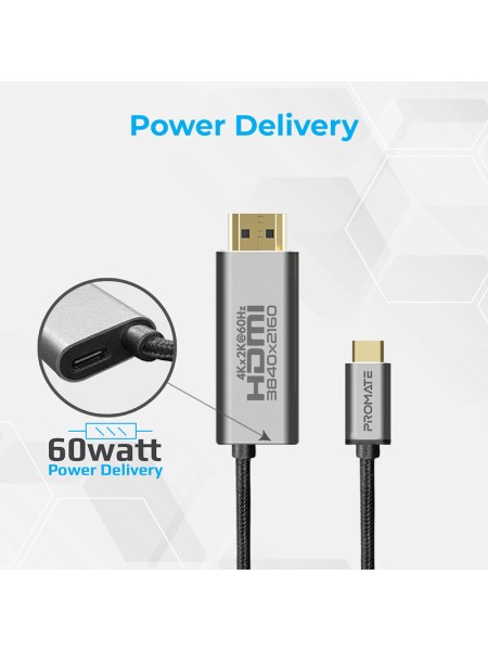 Promate HDMI‐PD60  USB‐C Fabric Braided Cable To 4K HDMI, 60W Power Delivery, 1.8Mtr | HDMI‐PD60 