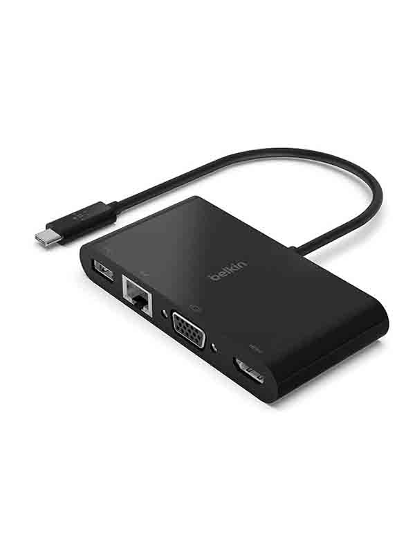 Belkin AVC005btBK USB-C Multimedia Adapter, 4K UHD Compatible, USB-C / Ethernet / USB-A / VGA / HDMI Cable Connectors, Black - BL-USBC-4P-MM-ADP