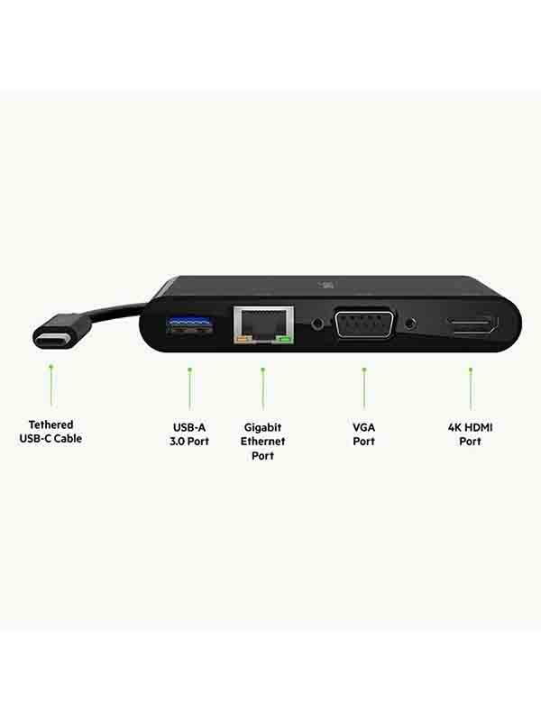 Belkin AVC005btBK USB-C Multimedia Adapter, 4K UHD Compatible, USB-C / Ethernet / USB-A / VGA / HDMI Cable Connectors, Black - BL-USBC-4P-MM-ADP