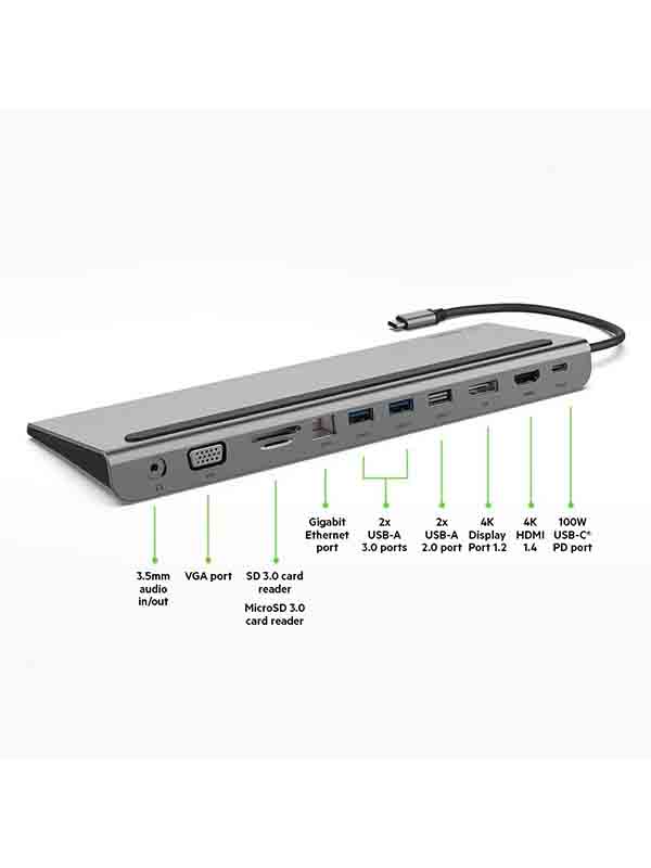 Belkin INC004btSGY USB C Hub, 11-in-1 MultiPort Adapter Dock with 4K HDMI, DP, VGA, USB-C 100W PD Pass Through Charging, 3 USB A, SD, MicroSD, 3.5mm Ports for MacBook, Air, XPS - Silver - BL-USBC-11P-MM-ADP