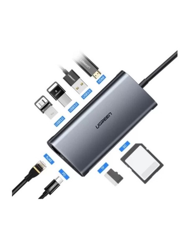 UGREEN CM121-50538B USB-C HUB 3xUSB 3.0, HDMI, RJ45, TF/SD WITH 5GBPS 4K PD POWER SUPPLY Grey | CM121-50538B