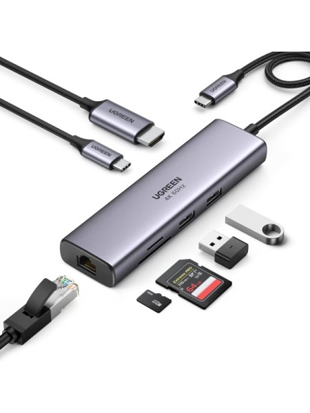 UGREEN CM512-60515 7 IN 1 USB-C DOCKING HUB TO 2 x USB3.0+HDMI+RJ45+SD/TF+PD CONVERTER 60Hz Grey | CM512-60515