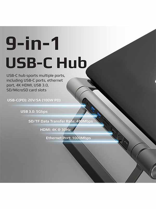Promate 9-in-1 Multiport USB-C Hub with Laptop Stand with Warranty 