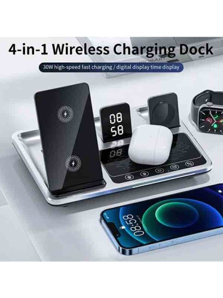 R11 Multi Functional 4 IN 1 Wireless Charger with Ambient Light for Mobile Phone, Silver