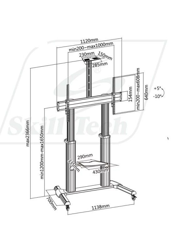 Skill Tech SH666TW 60" to 100" Height Adjustable TV Cart Floor Stand Black | SH666TB