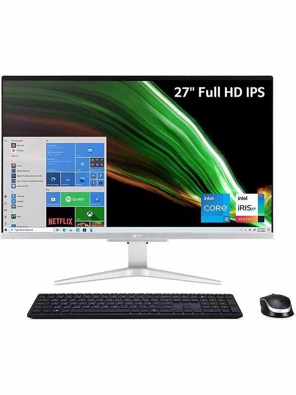Acer Aspire C27-1655 All In One Desktop, 11th Gen Intel Core i5-1135G7, 8GB RAM, 512GB SSD, 2GB NVIDIA GeForce MX330, 27inch FHD IPS Display, Windows 11 Home, Wireless Keyboard + Mouse, Silver | ASPIRE C27-D18L2