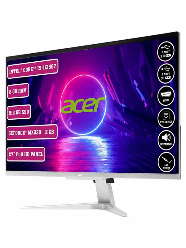 Acer Aspire C27-1655 All In One Desktop, 11th Gen Intel Core i5-1135G7, 8GB RAM, 512GB SSD, 2GB NVIDIA GeForce MX330, 27inch FHD IPS Display, Windows 11 Home, Wireless Keyboard + Mouse, Silver | ASPIRE C27-D18L2