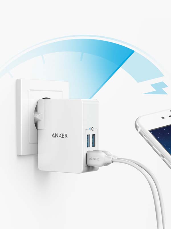 Anker PowerPort Lite 4 Interchangeable UK and EU Travel Charger High Speed 27W Charger Adapter with 4 USB-A PowerIQ Ports, White