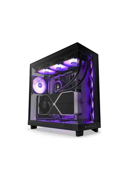 NZXT H6 Flow RGB Dual-Chamber Airflow Mid-Tower ATX Gaming Case, Panoramic Glass Panels, Up to 360 mm Radiator & 3x 120mm RGB Fans, Cable Mgt, USB-C 3.2 / USB-A 3.2, Black with Warranty | CC-H61FB-R1