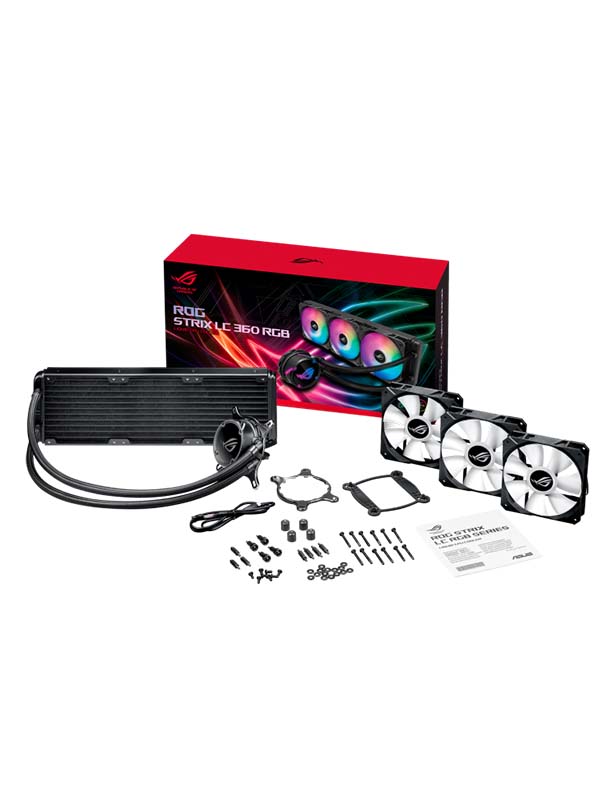 ASUS ROG Strix LC 360 RGB all-in-one liquid CPU cooler with Aura Sync, and triple ROG 120mm addressable RGB radiator fans | ROG Strix LC 360 RGB