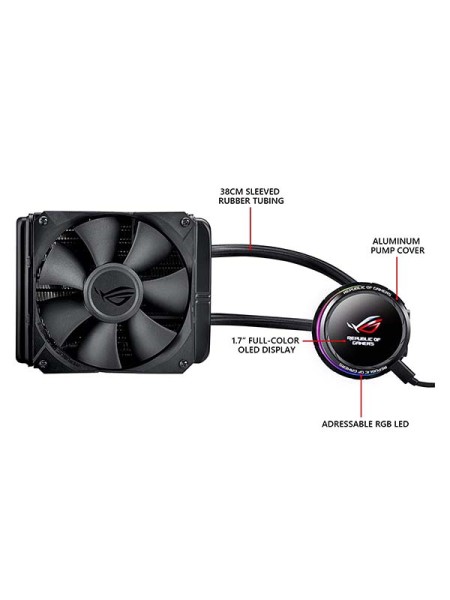 ASUS ROG Ryuo 120 all-in-one liquid CPU cooler with color OLED, Aura Sync RGB, and ROG 120mm radiator fan | ROG RYUO 120