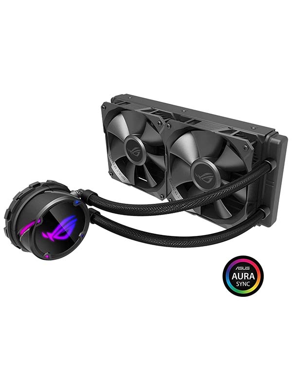 ASUS ROG Strix LC 240 all-in-one liquid CPU cooler with Aura Sync RGB, and dual ROG 120mm radiator fans | ROG STRIX LC 240 