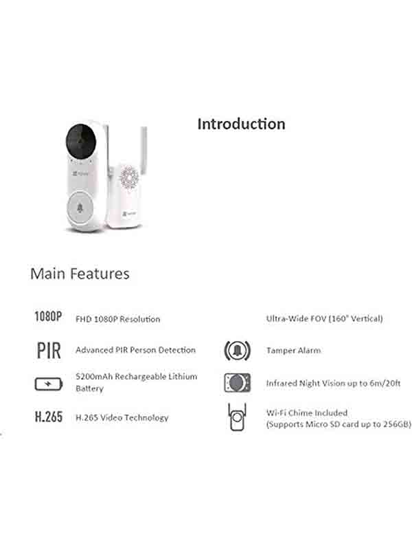 Ezviz DB2C WireFree Video Doorbell Kit 2mp Camera with Chime Rechargable Battery Powerd, Wireless Smart Home Security Camera, Two Way Talk, Human Detection, FHD Night Vision with Warranty | DB2C