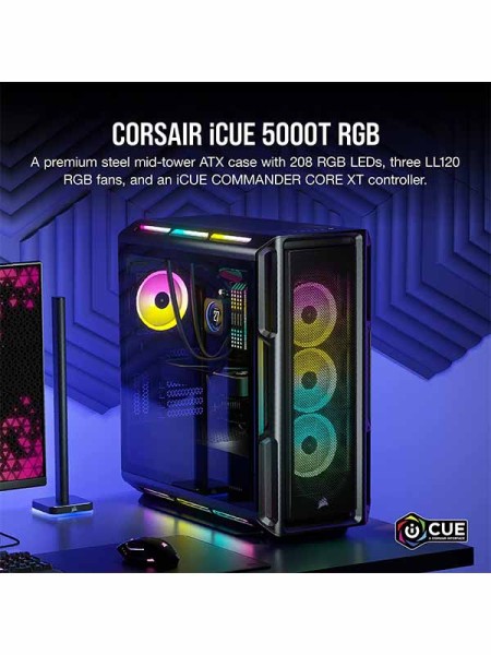 Corsair iCUE 5000T RGB Tempered Glass Mid-Tower ATX PC Case, Black with Warranty 